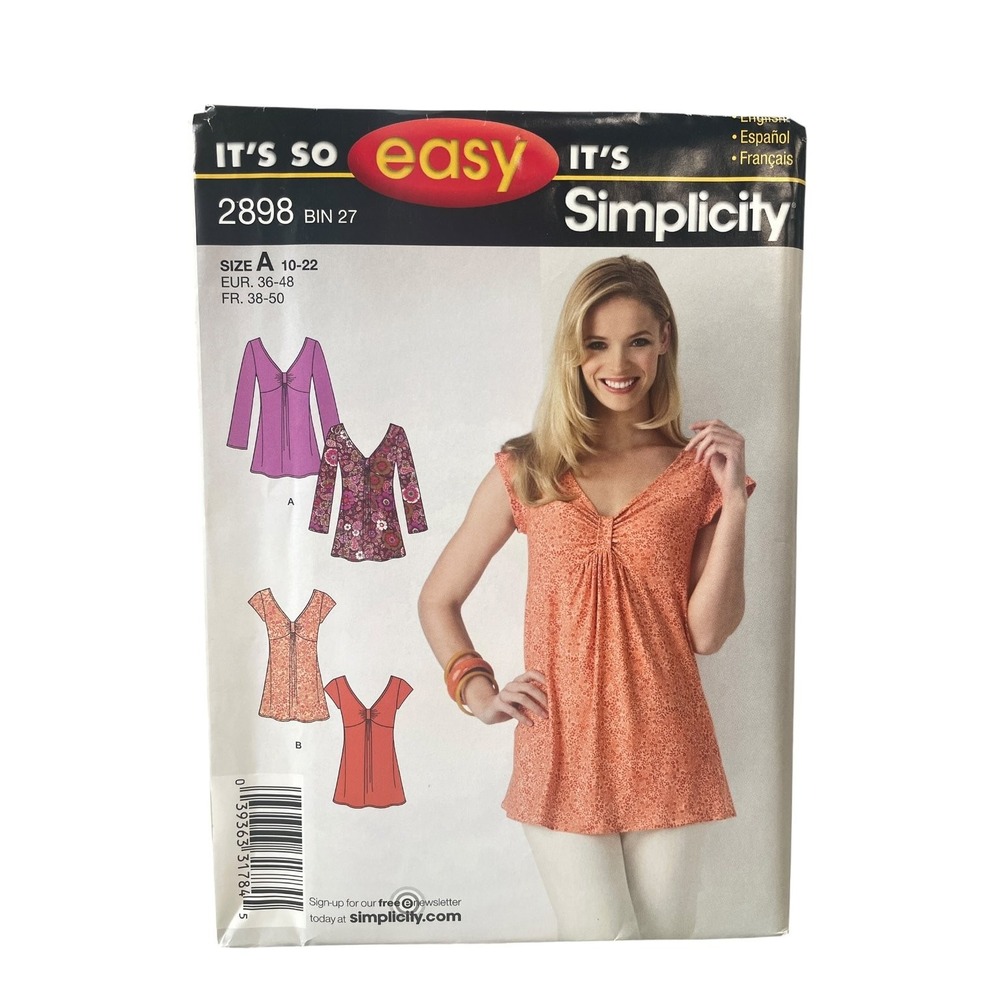 Simplicity 2898 Misses' Knit Top Blouse Size A 10-22 V-Neck Empire Waist